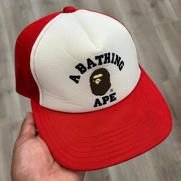 BAPE A Bathing Ape College Mesh Cap Red Trucker Hat Snapback - Picture 1 of 8